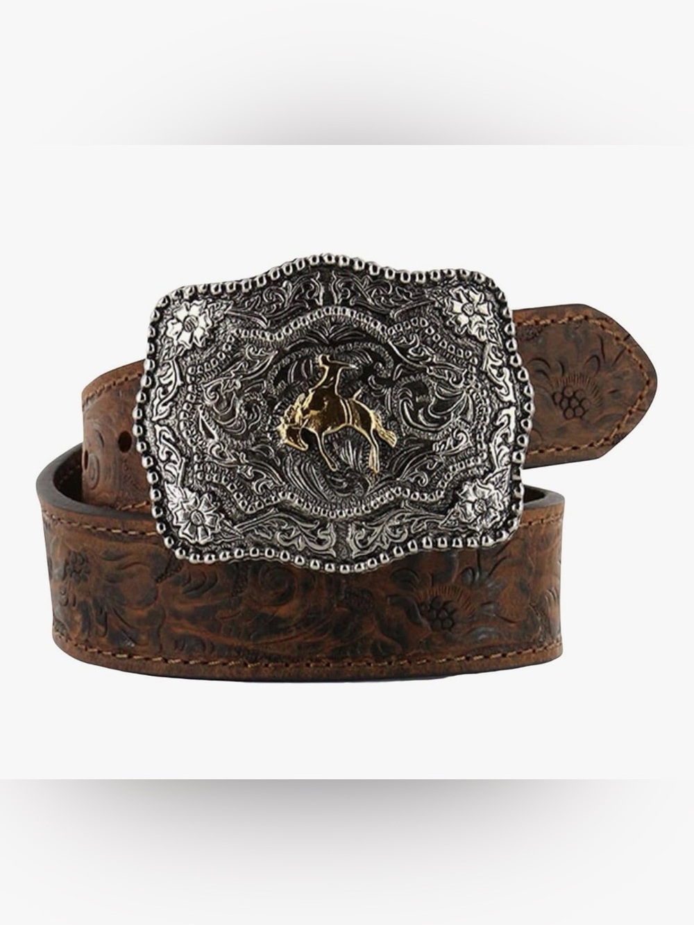 Cody James Tooled Leather Belt w/Ornate Removable Silver/ Gold Buckle- Genuine